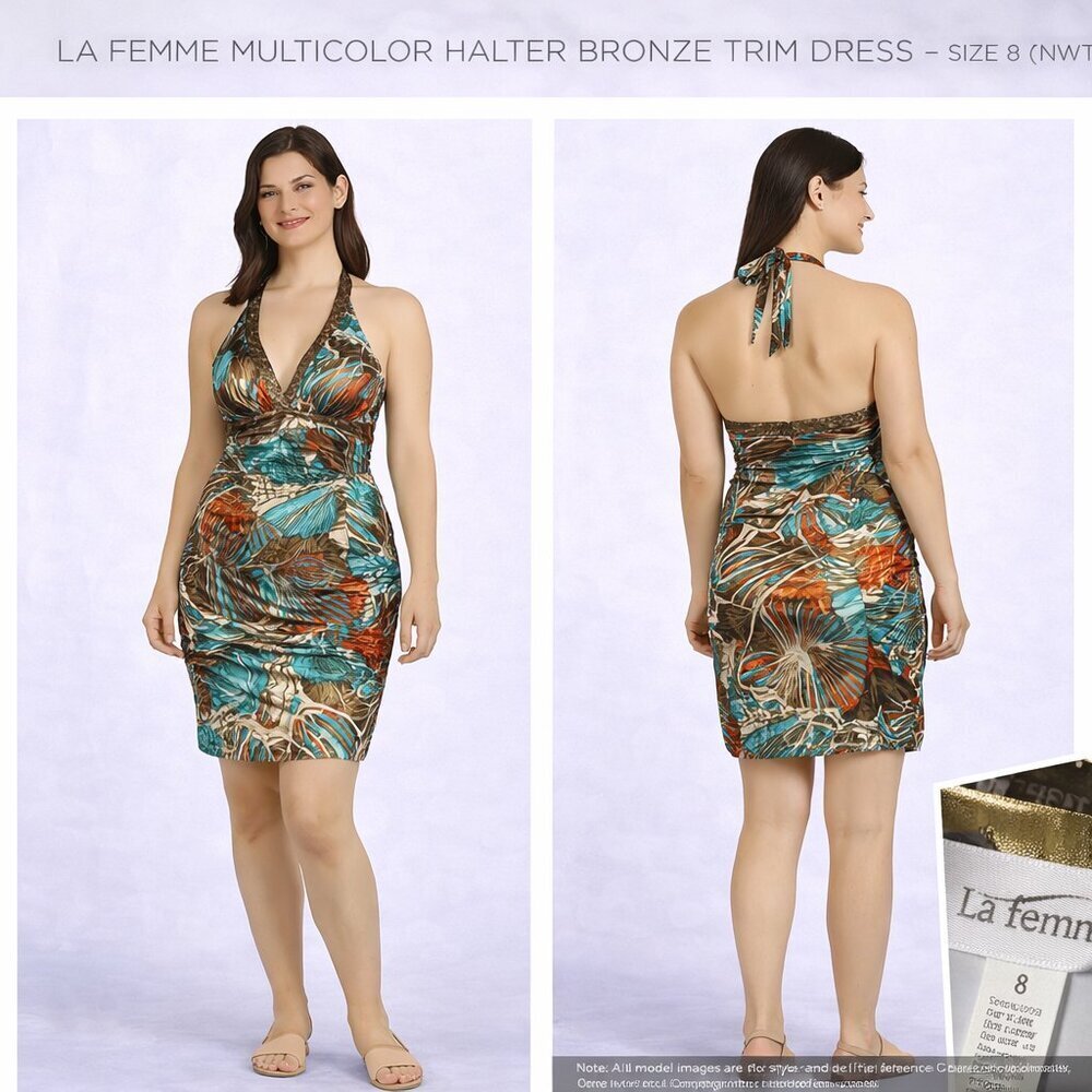 La Femme Multicolor Halter Dress with Bronze Trim – Size 8 (NWT)